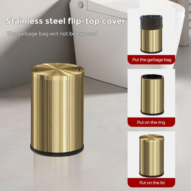 Alt view image 7 of 7 - 9L/2.4Gal Gold Trash Can,Bathrorm Trash Can with Lid,FILP Lid | Bathroom Trash Can Gold,Stainless Steel,Pet Proof,Waterproof,brass bronze trash can for Office, Laundry Room,Bedroom,Hotel