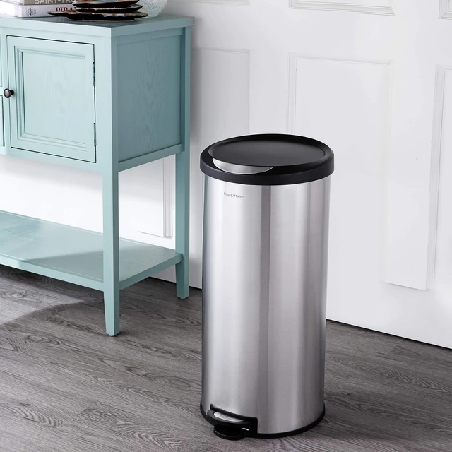 Alt view image 2 of 7 - Molly 2-Piece Round Step Trash Can, Platinum Silver | 8 and 1.3 Gallons, Stainless Steel, Removable Liner, 30 Liters, Fingerprint Resistant, Large 25.2" Height, Small 10.6" Height