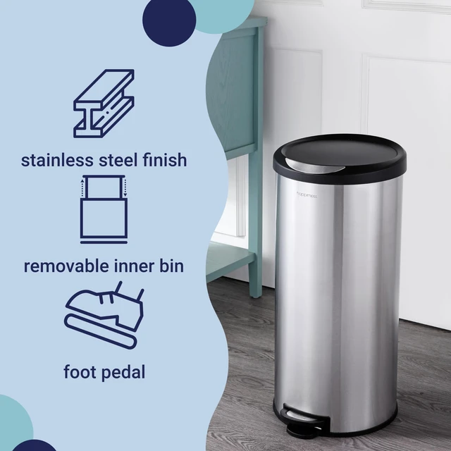 Alt view image 3 of 7 - Molly 2-Piece Round Step Trash Can, Platinum Silver | 8 and 1.3 Gallons, Stainless Steel, Removable Liner, 30 Liters, Fingerprint Resistant, Large 25.2" Height, Small 10.6" Height