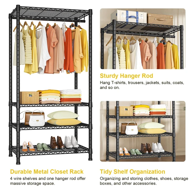 Alt view image 6 of 7 - H2 Heavy Duty Clothes Rack, Freestanding 4 Tiers Garment Rack for Hanging Clothes with Shelves and Hangers, Closet Organizers and Storage Metal Closet Wardrobe System, Max Load 500 LBS, Black