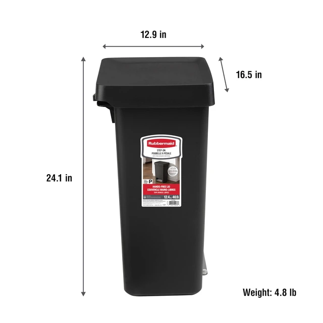 Alt view image 7 of 7 - Step-On Kitchen Trash Can with Lid, 12.4 Gallon, Black, Plastic Garbage Container for Home/Kitchen/Apartment/Garage