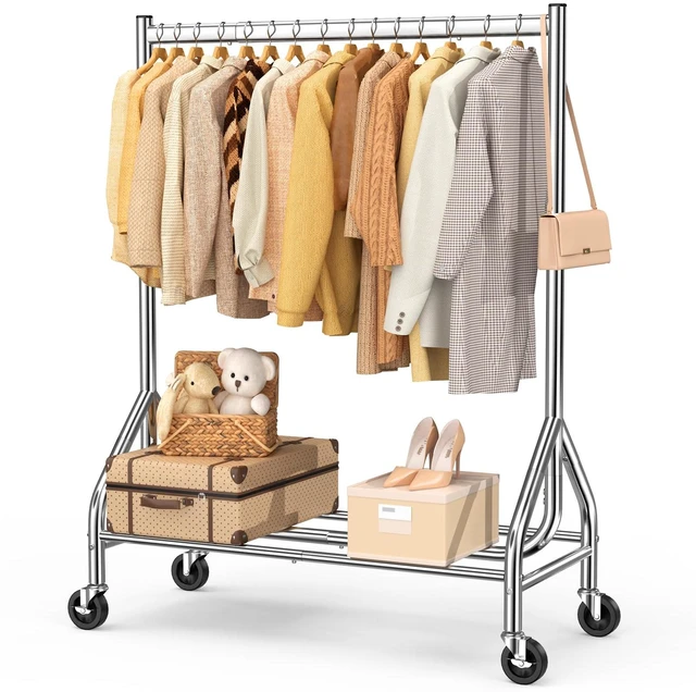 Main image of Heavy Duty Clothes Rack Load 420 LBS, Rolling Garment Rack with Lockable Wheels, Standing Metal Clothing Rack with Shelves, Portable Wardrobe Sturdy Coat Rack for Hanging Clothes (Silver)