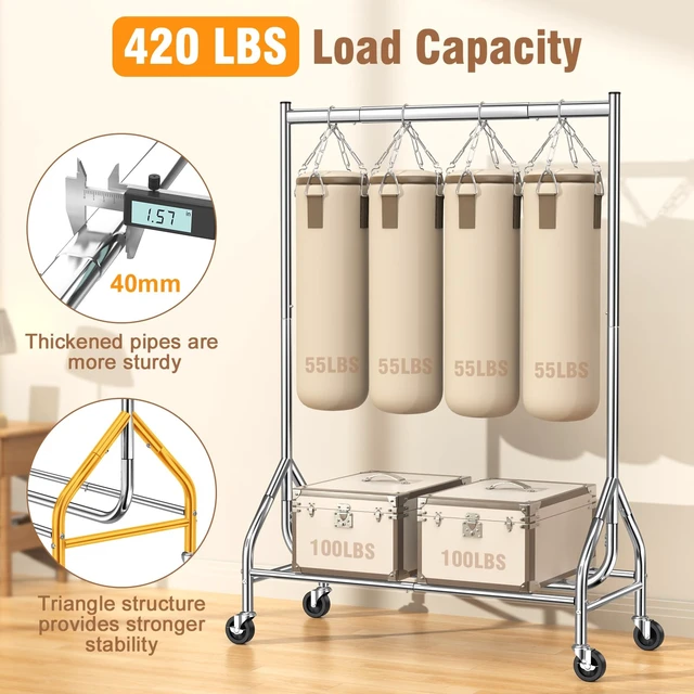 Alt view image 2 of 7 - Heavy Duty Clothes Rack Load 420 LBS, Rolling Garment Rack with Lockable Wheels, Standing Metal Clothing Rack with Shelves, Portable Wardrobe Sturdy Coat Rack for Hanging Clothes (Silver)