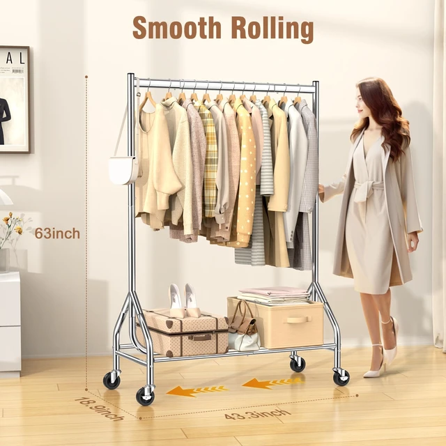 Alt view image 5 of 7 - Heavy Duty Clothes Rack Load 420 LBS, Rolling Garment Rack with Lockable Wheels, Standing Metal Clothing Rack with Shelves, Portable Wardrobe Sturdy Coat Rack for Hanging Clothes (Silver)