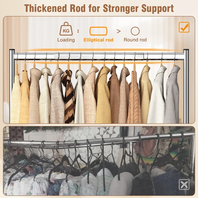 Alt view image 3 of 7 - Heavy Duty Clothes Rack Load 420 LBS, Rolling Garment Rack with Lockable Wheels, Standing Metal Clothing Rack with Shelves, Portable Wardrobe Sturdy Coat Rack for Hanging Clothes (Silver)
