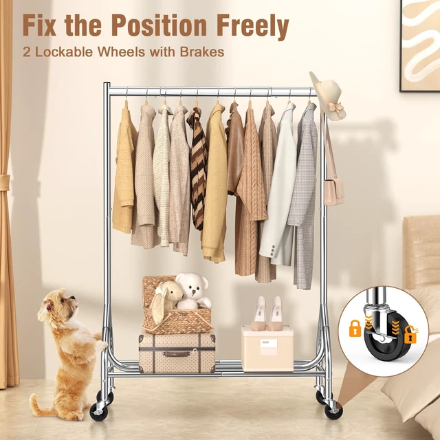Alt view image 7 of 7 - Heavy Duty Clothes Rack Load 420 LBS, Rolling Garment Rack with Lockable Wheels, Standing Metal Clothing Rack with Shelves, Portable Wardrobe Sturdy Coat Rack for Hanging Clothes (Silver)