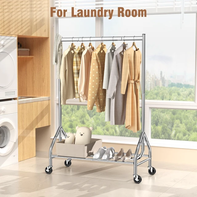 Alt view image 6 of 7 - Heavy Duty Clothes Rack Load 420 LBS, Rolling Garment Rack with Lockable Wheels, Standing Metal Clothing Rack with Shelves, Portable Wardrobe Sturdy Coat Rack for Hanging Clothes (Silver)