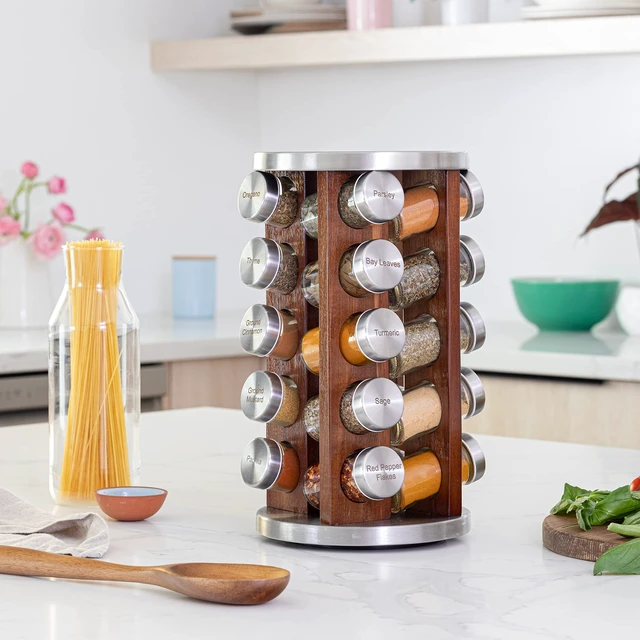 Alt view image 2 of 7 - 20 Jar Rotating Dark Acacia Wood Spice Rack with Spices Included & 5-Year Spice Refill Program Rustic Wood Countertop Spice Rack with Glass Jars
