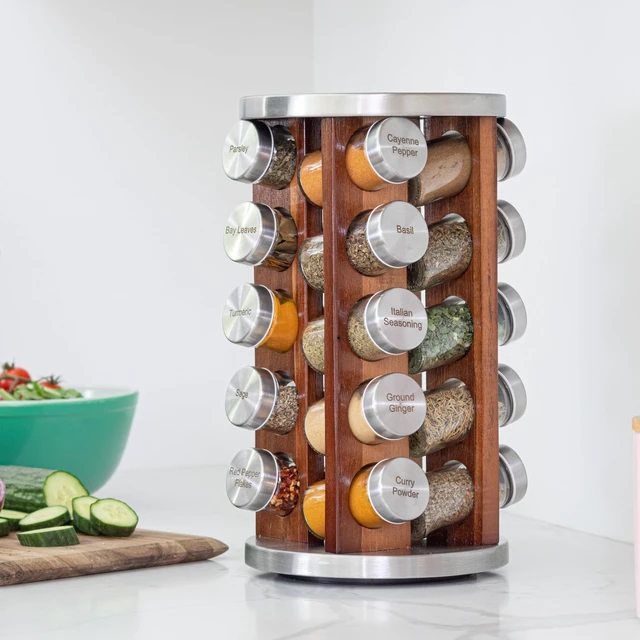 Alt view image 3 of 7 - 20 Jar Rotating Dark Acacia Wood Spice Rack with Spices Included & 5-Year Spice Refill Program Rustic Wood Countertop Spice Rack with Glass Jars