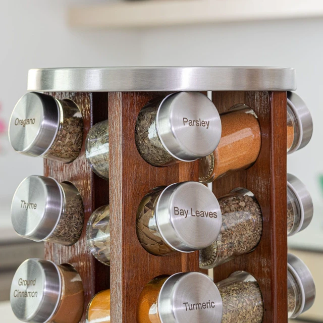 Alt view image 6 of 7 - 20 Jar Rotating Dark Acacia Wood Spice Rack with Spices Included & 5-Year Spice Refill Program Rustic Wood Countertop Spice Rack with Glass Jars