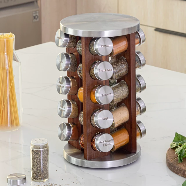 Alt view image 7 of 7 - 20 Jar Rotating Dark Acacia Wood Spice Rack with Spices Included & 5-Year Spice Refill Program Rustic Wood Countertop Spice Rack with Glass Jars