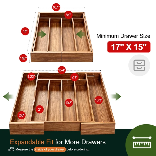 Alt view image 2 of 7 - Expandable Acacia Kitchen Drawer Organizer for Cutlery and Utensils, Adjustable Acacia Wood Cutlery Tray in Drawer for Flatware and Silverware in Kitchen