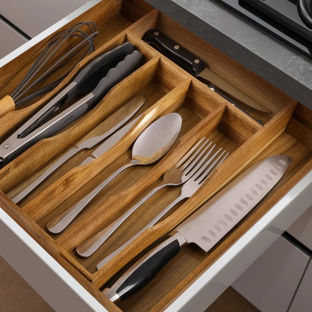 Alt view image 4 of 7 - Expandable Acacia Kitchen Drawer Organizer for Cutlery and Utensils, Adjustable Acacia Wood Cutlery Tray in Drawer for Flatware and Silverware in Kitchen