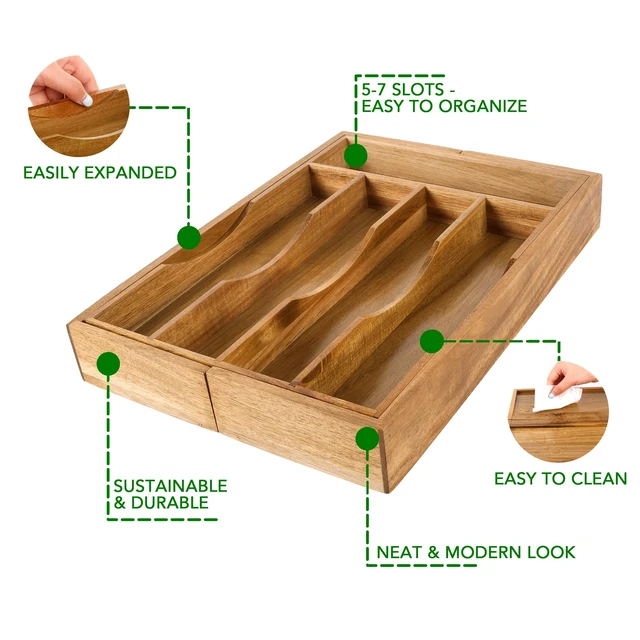Alt view image 5 of 7 - Expandable Acacia Kitchen Drawer Organizer for Cutlery and Utensils, Adjustable Acacia Wood Cutlery Tray in Drawer for Flatware and Silverware in Kitchen