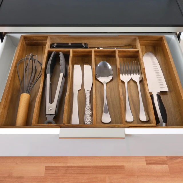 Alt view image 6 of 7 - Expandable Acacia Kitchen Drawer Organizer for Cutlery and Utensils, Adjustable Acacia Wood Cutlery Tray in Drawer for Flatware and Silverware in Kitchen