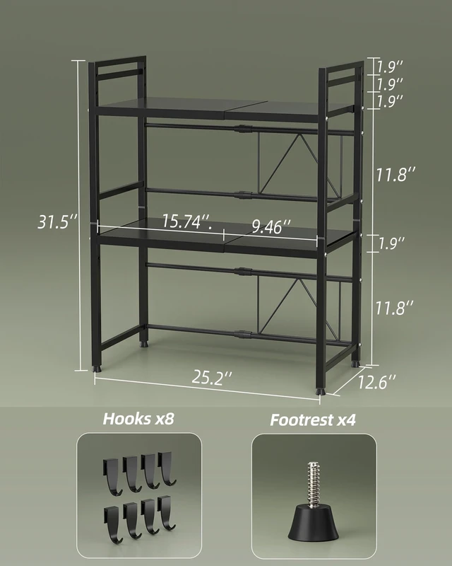 Alt view image 2 of 7 - 3 Tier Expandable Microwave Stand countertop,Microwave Oven Rack | microwave shelf, storage shelves for pans &appliances,Adjustable partition height8 Hooks,220lbs max load,Black