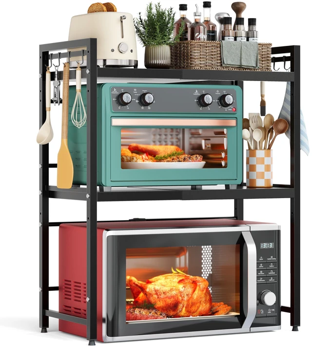 Main image of 3 Tier Expandable Microwave Stand countertop,Microwave Oven Rack | microwave shelf, storage shelves for pans &appliances,Adjustable partition height8 Hooks,220lbs max load,Black