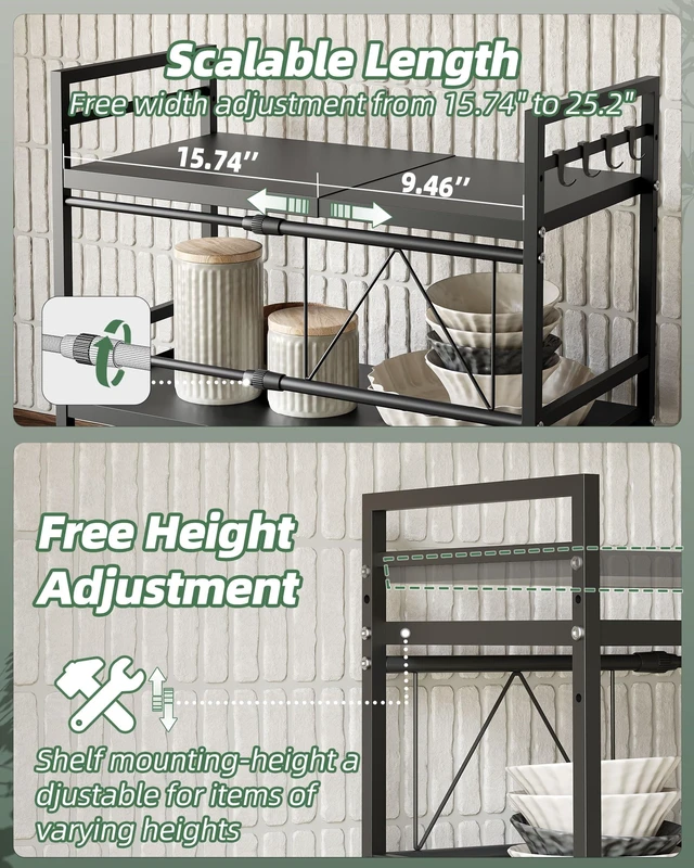Alt view image 7 of 7 - 3 Tier Expandable Microwave Stand countertop,Microwave Oven Rack | microwave shelf, storage shelves for pans &appliances,Adjustable partition height8 Hooks,220lbs max load,Black