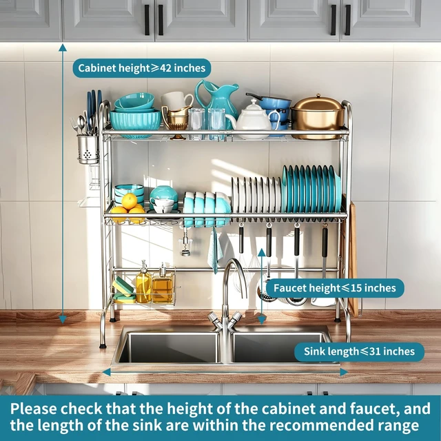 Alt view image 2 of 7 - Stainless Steel 2-Tier Over The Sink Dish Drying Rack with Utensil Holder, Large, for Kitchen Counter