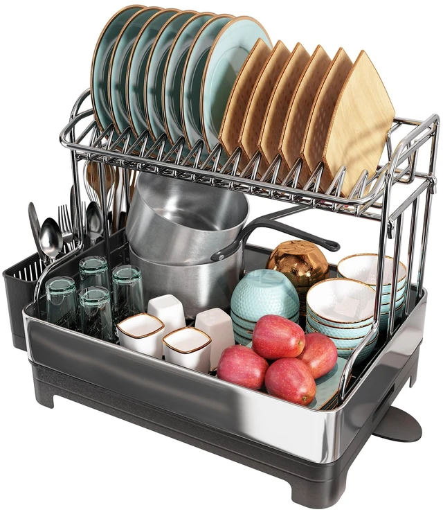 Main image of Large 304 Stainless Steel Dish Drainer Drying Rack with Drainboard | Extra Large Two Tier Space Saving, Rust Proof Metal, Automatic Drainage Dish Drainer for Kitchen Counter, Black