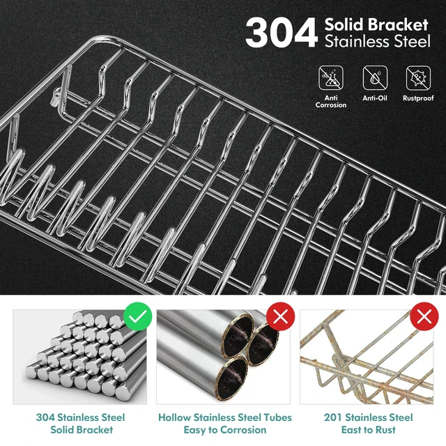 Alt view image 3 of 7 - Large 304 Stainless Steel Dish Drainer Drying Rack with Drainboard | Extra Large Two Tier Space Saving, Rust Proof Metal, Automatic Drainage Dish Drainer for Kitchen Counter, Black