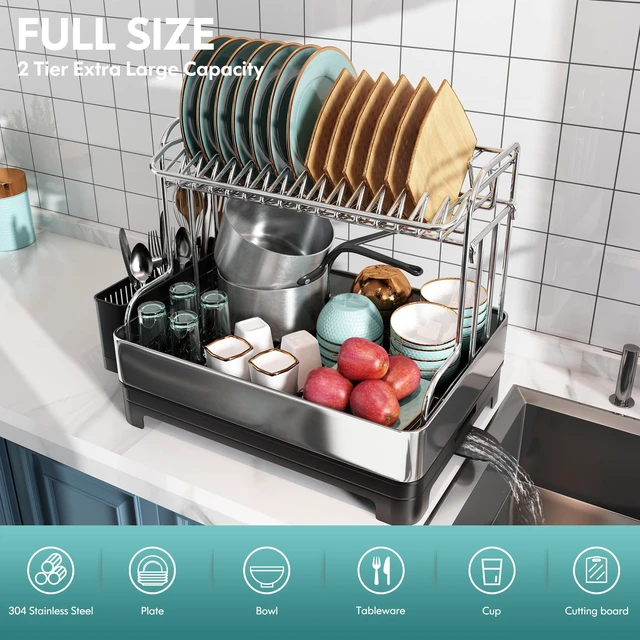 Alt view image 6 of 7 - Large 304 Stainless Steel Dish Drainer Drying Rack with Drainboard | Extra Large Two Tier Space Saving, Rust Proof Metal, Automatic Drainage Dish Drainer for Kitchen Counter, Black
