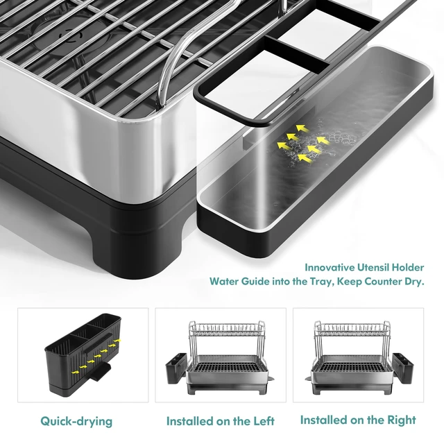 Alt view image 7 of 7 - Large 304 Stainless Steel Dish Drainer Drying Rack with Drainboard | Extra Large Two Tier Space Saving, Rust Proof Metal, Automatic Drainage Dish Drainer for Kitchen Counter, Black