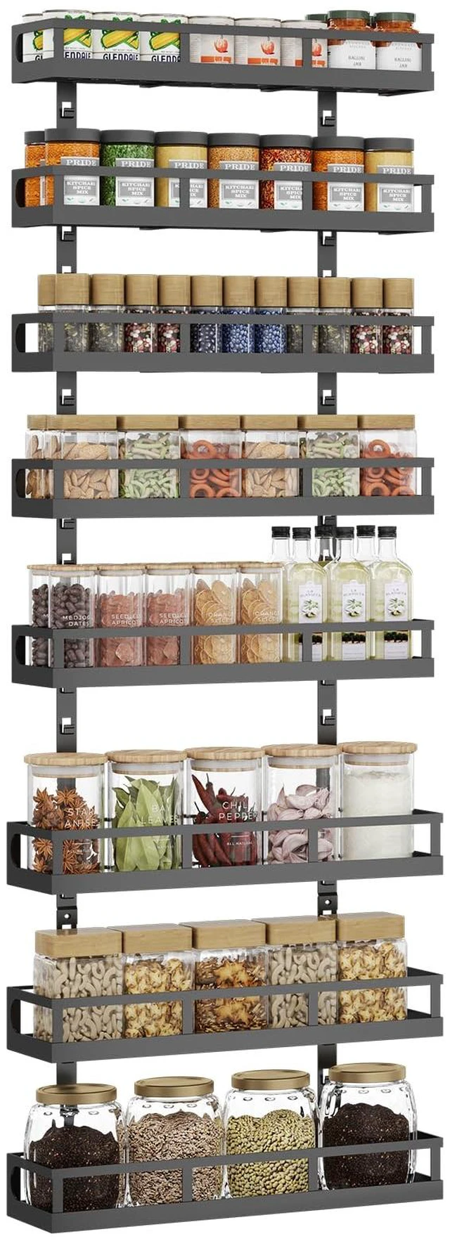 Main image of 8-Tier Adjustable Spice Rack Wall-Mounted Space-Saving Organizer with Mixed Baskets, Large-Capacity Seasoning Holder for Kitchen & Pantry (Black)