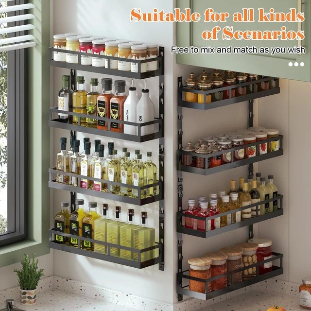 Alt view image 2 of 7 - 8-Tier Adjustable Spice Rack Wall-Mounted Space-Saving Organizer with Mixed Baskets, Large-Capacity Seasoning Holder for Kitchen & Pantry (Black)