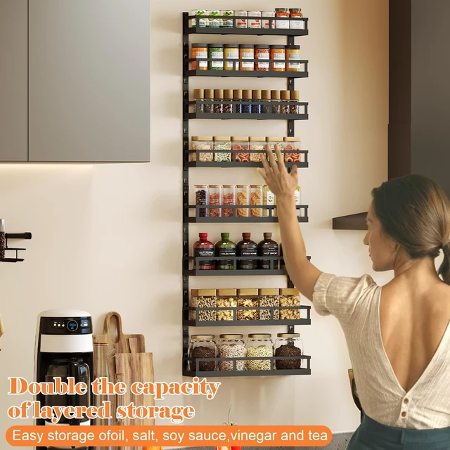 Alt view image 3 of 7 - 8-Tier Adjustable Spice Rack Wall-Mounted Space-Saving Organizer with Mixed Baskets, Large-Capacity Seasoning Holder for Kitchen & Pantry (Black)