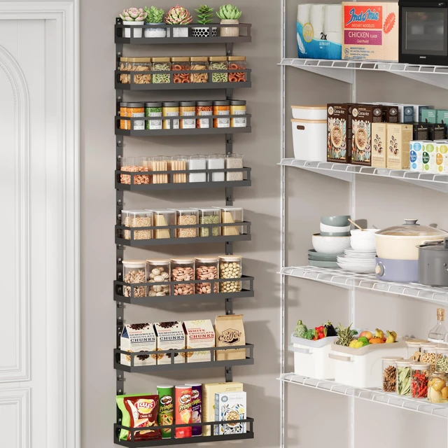 Alt view image 4 of 7 - 8-Tier Adjustable Spice Rack Wall-Mounted Space-Saving Organizer with Mixed Baskets, Large-Capacity Seasoning Holder for Kitchen & Pantry (Black)