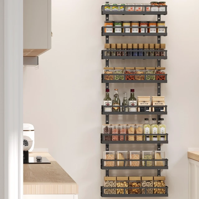 Alt view image 5 of 7 - 8-Tier Adjustable Spice Rack Wall-Mounted Space-Saving Organizer with Mixed Baskets, Large-Capacity Seasoning Holder for Kitchen & Pantry (Black)