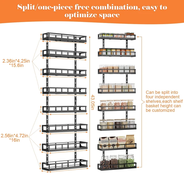 Alt view image 7 of 7 - 8-Tier Adjustable Spice Rack Wall-Mounted Space-Saving Organizer with Mixed Baskets, Large-Capacity Seasoning Holder for Kitchen & Pantry (Black)