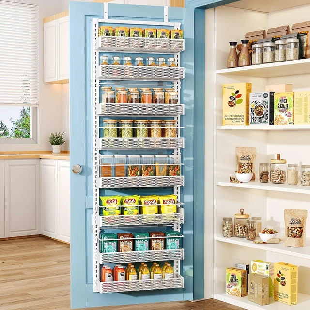 Main image of 8 Tiers Over the Door Organizer, 17" W x 6" D x 69" H, White | Pantry Door Organizers and Storage, Height Adjustable Spice Rack, Dense Mesh Baskets, Anti-Swing, Adjustable Door Fastener