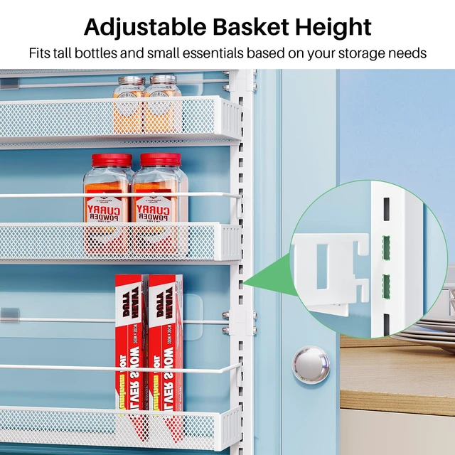 Alt view image 3 of 7 - 8 Tiers Over the Door Organizer, 17" W x 6" D x 69" H, White | Pantry Door Organizers and Storage, Height Adjustable Spice Rack, Dense Mesh Baskets, Anti-Swing, Adjustable Door Fastener