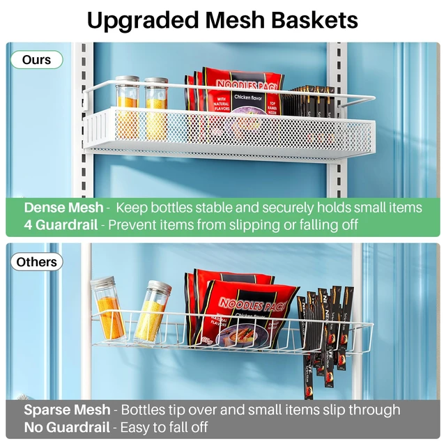 Alt view image 4 of 7 - 8 Tiers Over the Door Organizer, 17" W x 6" D x 69" H, White | Pantry Door Organizers and Storage, Height Adjustable Spice Rack, Dense Mesh Baskets, Anti-Swing, Adjustable Door Fastener