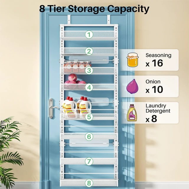 Alt view image 6 of 7 - 8 Tiers Over the Door Organizer, 17" W x 6" D x 69" H, White | Pantry Door Organizers and Storage, Height Adjustable Spice Rack, Dense Mesh Baskets, Anti-Swing, Adjustable Door Fastener