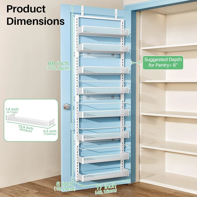 Alt view image 7 of 7 - 8 Tiers Over the Door Organizer, 17" W x 6" D x 69" H, White | Pantry Door Organizers and Storage, Height Adjustable Spice Rack, Dense Mesh Baskets, Anti-Swing, Adjustable Door Fastener