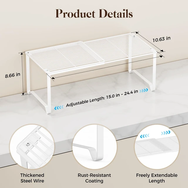 Alt view image 2 of 7 - Extendable Metal Wire Shelf Organizer - Adjustable 15-24.4in Length, Stackable Storage Rack for Kitchen/Pantry/Bathroom/Shoe Cabinet/Tool Closet (4, White)