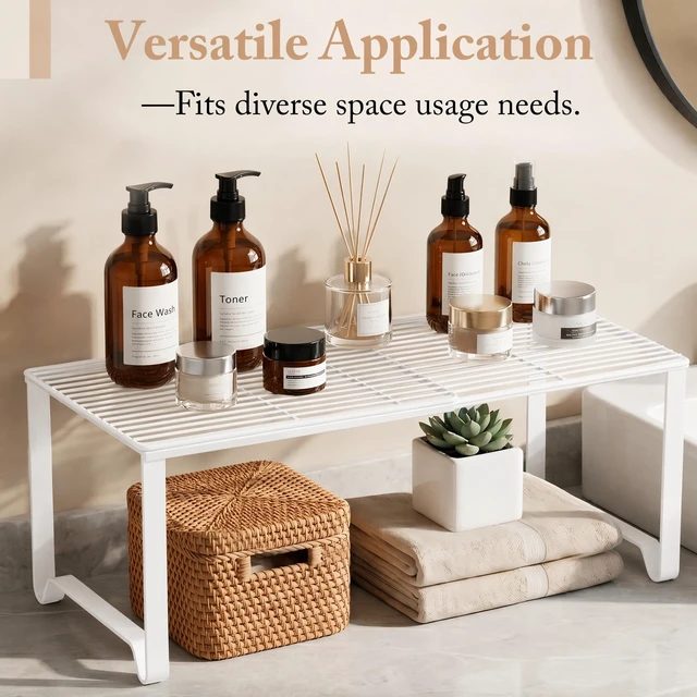 Alt view image 4 of 7 - Extendable Metal Wire Shelf Organizer - Adjustable 15-24.4in Length, Stackable Storage Rack for Kitchen/Pantry/Bathroom/Shoe Cabinet/Tool Closet (4, White)