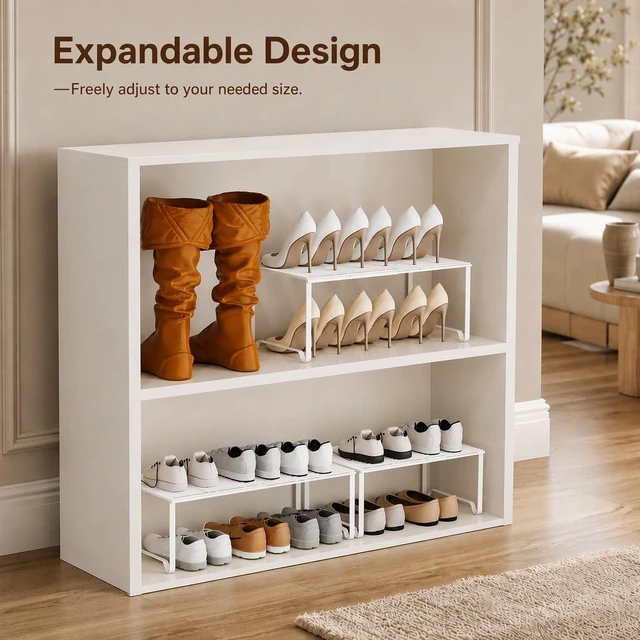Alt view image 5 of 7 - Extendable Metal Wire Shelf Organizer - Adjustable 15-24.4in Length, Stackable Storage Rack for Kitchen/Pantry/Bathroom/Shoe Cabinet/Tool Closet (4, White)