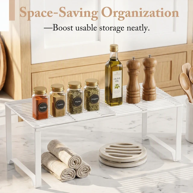 Alt view image 6 of 7 - Extendable Metal Wire Shelf Organizer - Adjustable 15-24.4in Length, Stackable Storage Rack for Kitchen/Pantry/Bathroom/Shoe Cabinet/Tool Closet (4, White)