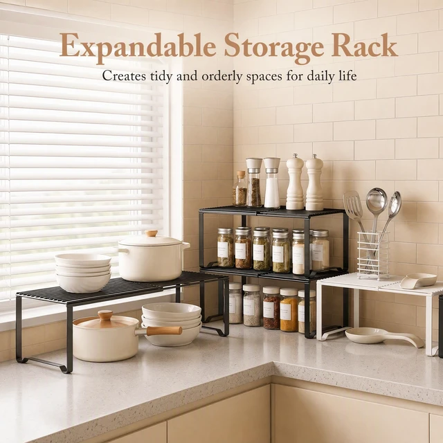 Alt view image 7 of 7 - Extendable Metal Wire Shelf Organizer - Adjustable 15-24.4in Length, Stackable Storage Rack for Kitchen/Pantry/Bathroom/Shoe Cabinet/Tool Closet (4, White)