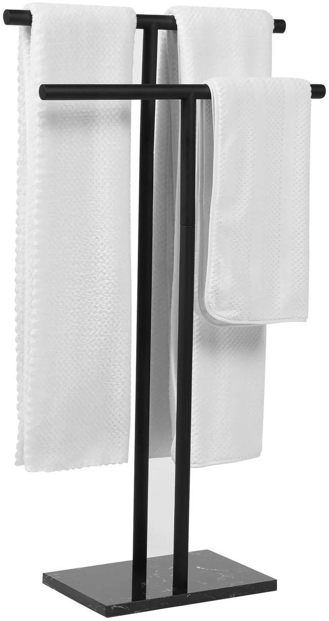 Main image of Free Standing Towel Rack - Matte Black Finish with Marble Base | Stand Alone 2 Tier Stainless Steel Towel Rack for Bathroom Floor - Heavy Marble Base, Double T Shape Drying Stand for Towels