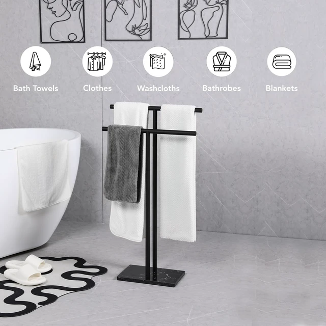 Alt view image 2 of 7 - Free Standing Towel Rack - Matte Black Finish with Marble Base | Stand Alone 2 Tier Stainless Steel Towel Rack for Bathroom Floor - Heavy Marble Base, Double T Shape Drying Stand for Towels