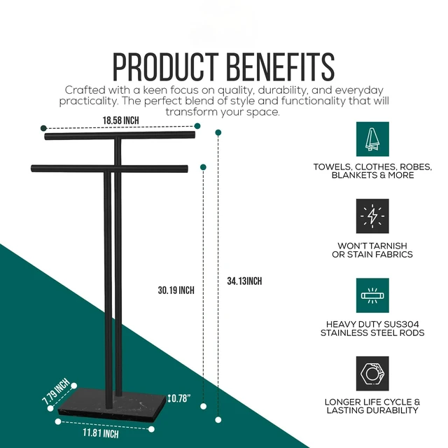 Alt view image 3 of 7 - Free Standing Towel Rack - Matte Black Finish with Marble Base | Stand Alone 2 Tier Stainless Steel Towel Rack for Bathroom Floor - Heavy Marble Base, Double T Shape Drying Stand for Towels