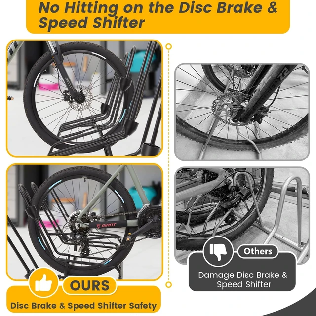 Alt view image 2 of 7 - Floor Bike Rack for 5 Bikes, Safeguard Disc Brakes & Derailleurs Design, Waterproof Bicycle Stand Indoor/Outdoor/Garage Use, Fits 12"-29" Tires, Upgraded 0.63" Steel Tubes for Stability