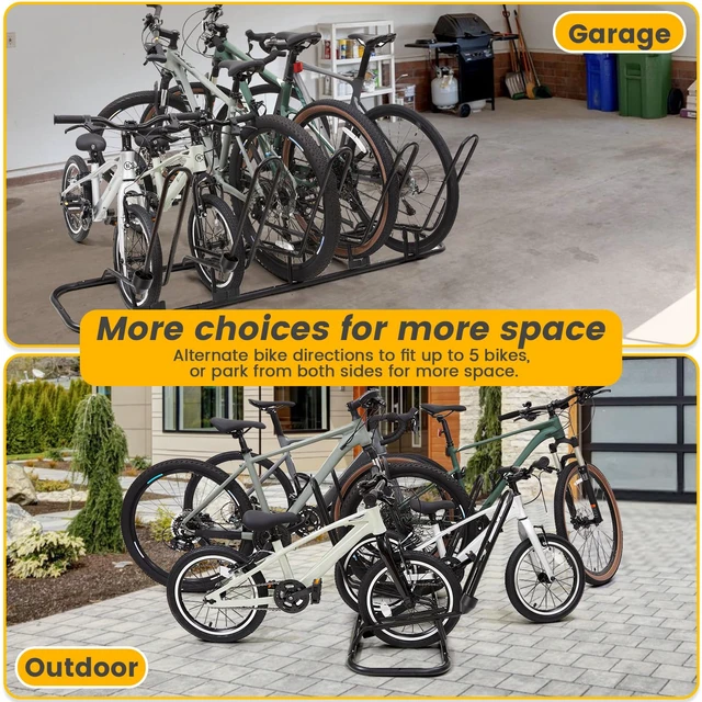 Alt view image 5 of 7 - Floor Bike Rack for 5 Bikes, Safeguard Disc Brakes & Derailleurs Design, Waterproof Bicycle Stand Indoor/Outdoor/Garage Use, Fits 12"-29" Tires, Upgraded 0.63" Steel Tubes for Stability