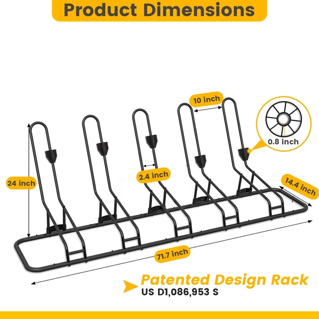 Alt view image 7 of 7 - Floor Bike Rack for 5 Bikes, Safeguard Disc Brakes & Derailleurs Design, Waterproof Bicycle Stand Indoor/Outdoor/Garage Use, Fits 12"-29" Tires, Upgraded 0.63" Steel Tubes for Stability