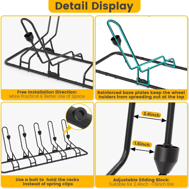 Alt view image 6 of 7 - Floor Bike Rack for 5 Bikes, Safeguard Disc Brakes & Derailleurs Design, Waterproof Bicycle Stand Indoor/Outdoor/Garage Use, Fits 12"-29" Tires, Upgraded 0.63" Steel Tubes for Stability